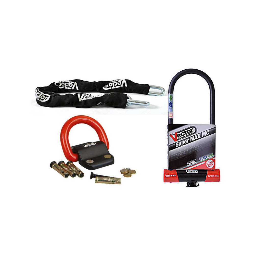 Kit antivol VECTOR - chaîne 1,30m + antivol U Super MAX MC XXXL + Fixation Compac Blok VECTOR 1 - AVSmoto Racing Parts 